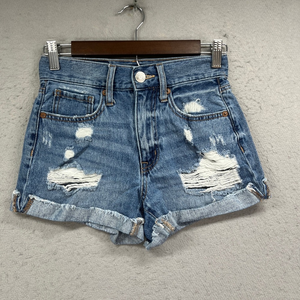 Aeropostale Mom Shorts Womens 000 Blue Denim Jorts Distressed High Rise Cuffed